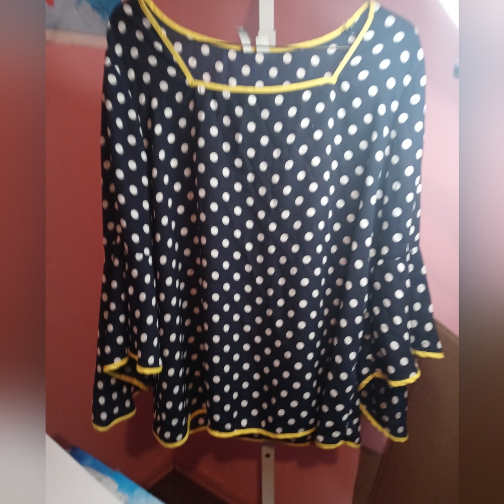 Blue and White Pokey Dot Trimmed In Yellow Blouse Bell Sleeve Size L
